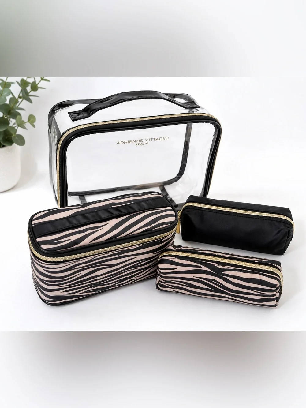Adrienne Vittadini 4 Piece Cosmetic Case Travel Clear,Black, Zebra Print Pouches
